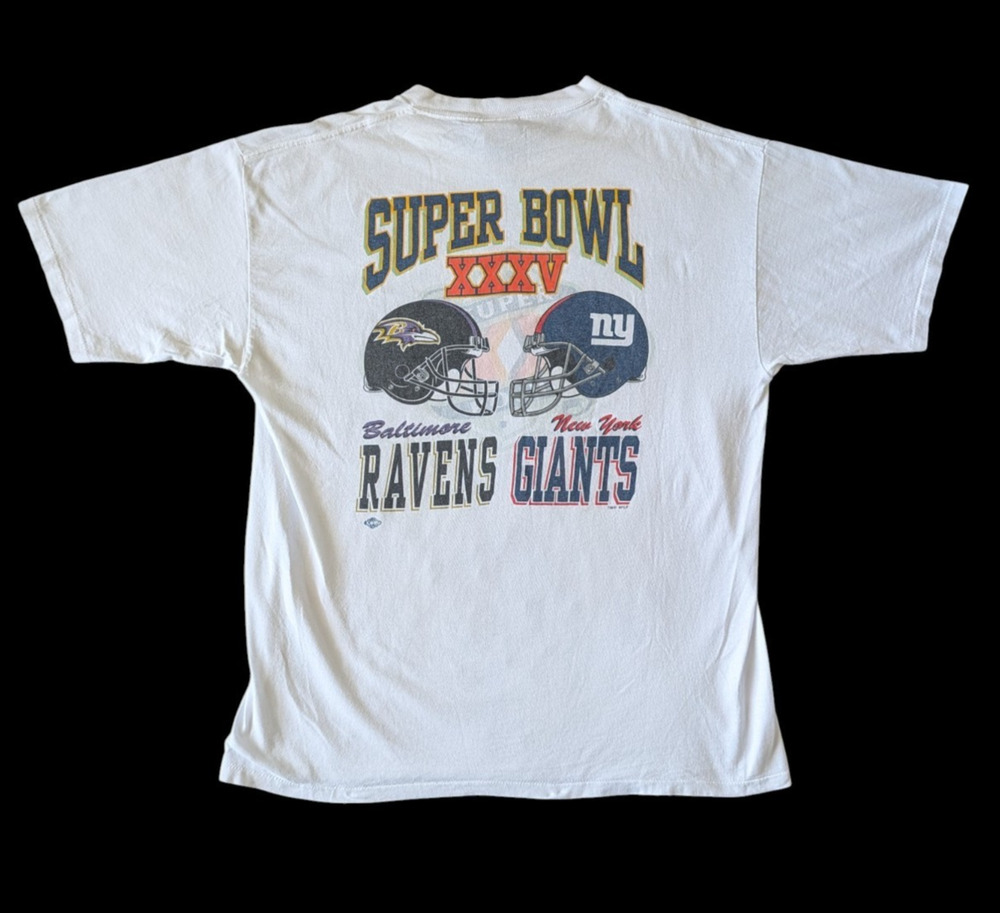 Vintage Super Bowl XXXV 2001 Ravens Giants NFL T Shirt Size XL Single Stitch 35